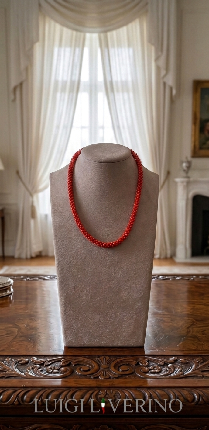Girocollo di corallo rosso tessito con chiusura d'argento