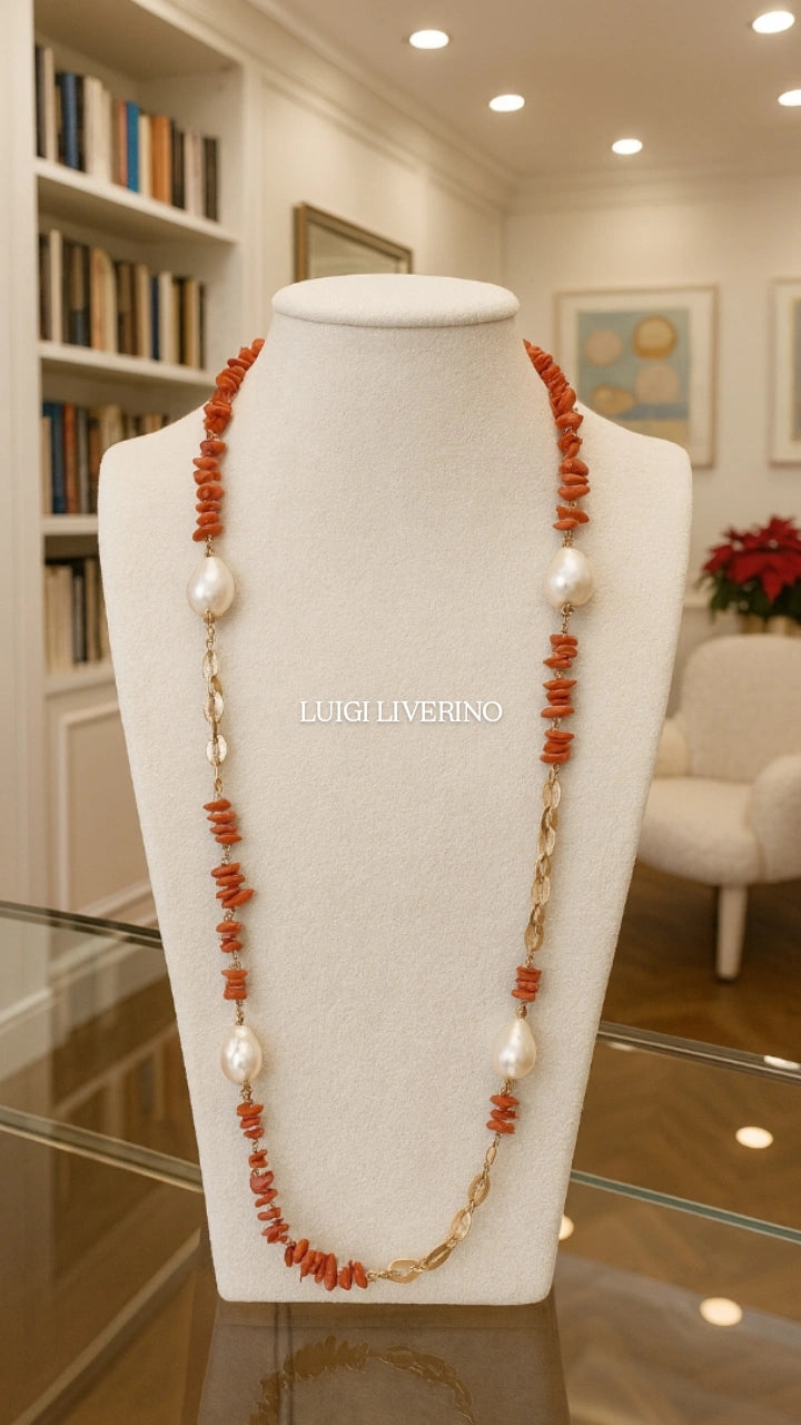 Collana in argento rosa con corallo e perle barocche naturali