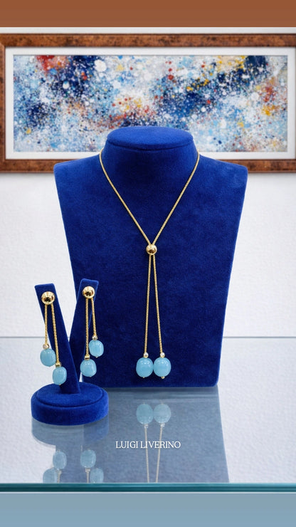 Completo collier e orecchini in argento dorato con acquamarina