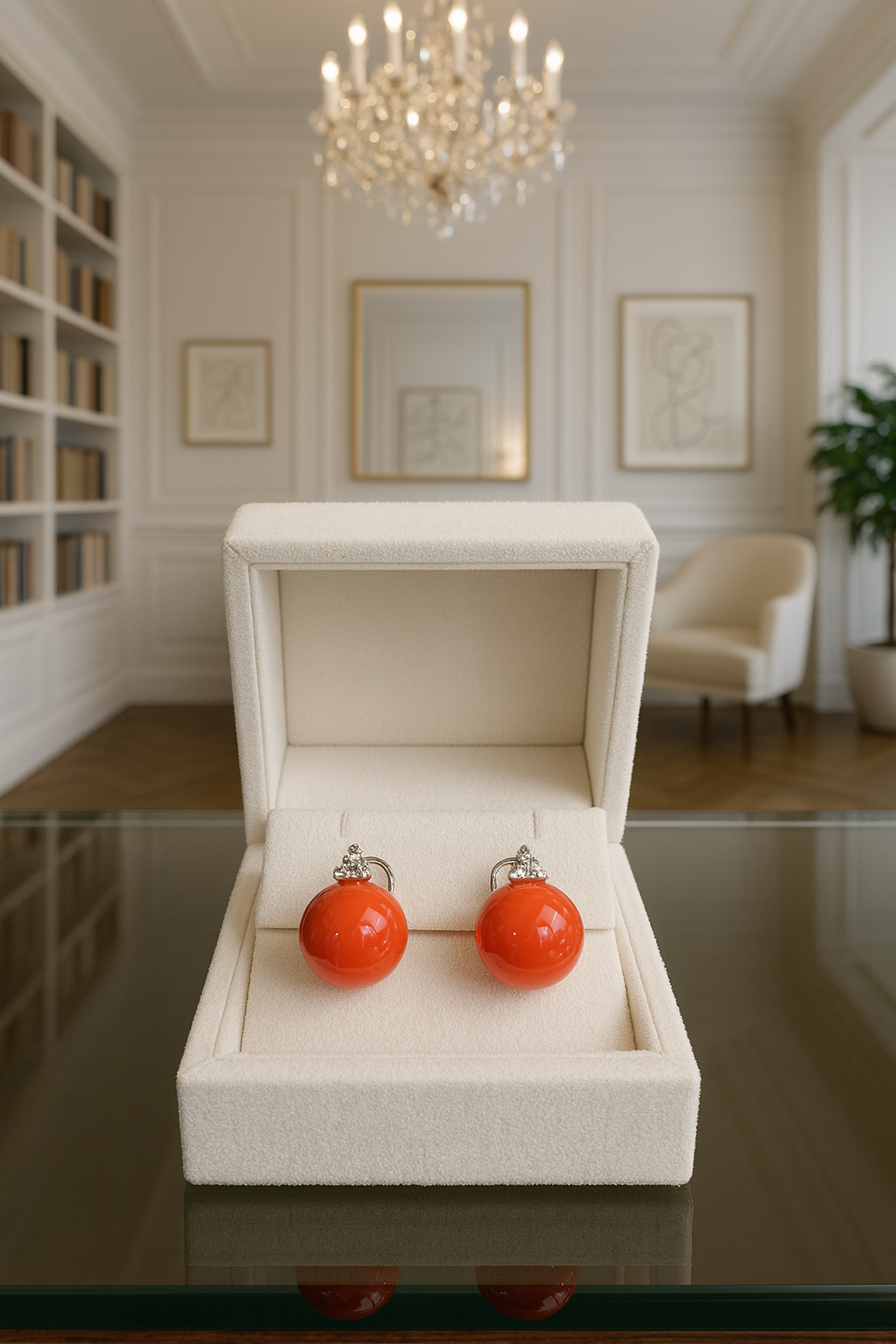 Orecchini in oro bianco 18 kt. con bottoni di corallo del Pacifico e diamanti