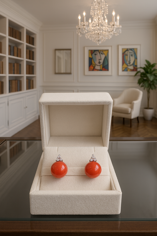 Orecchini in oro con corallo rosso del Pacifico e diamanti