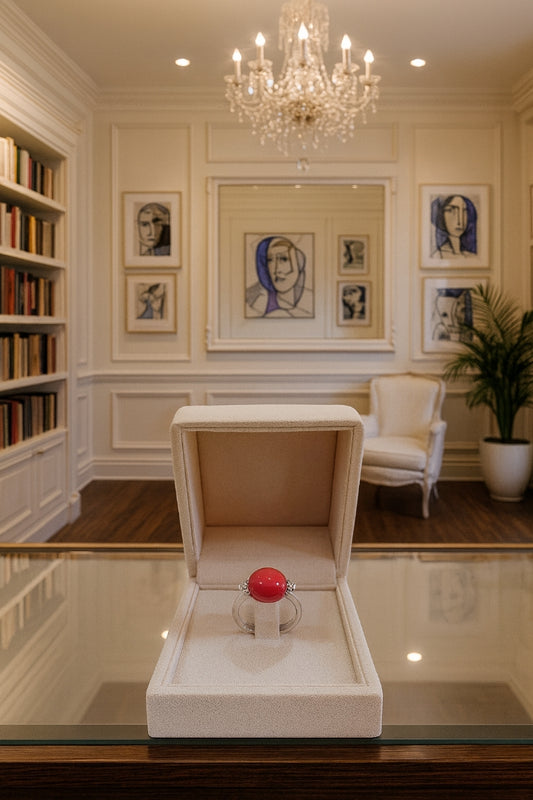 Anello in oro 18 kt con corallo rosso del Pacifico e diamanti